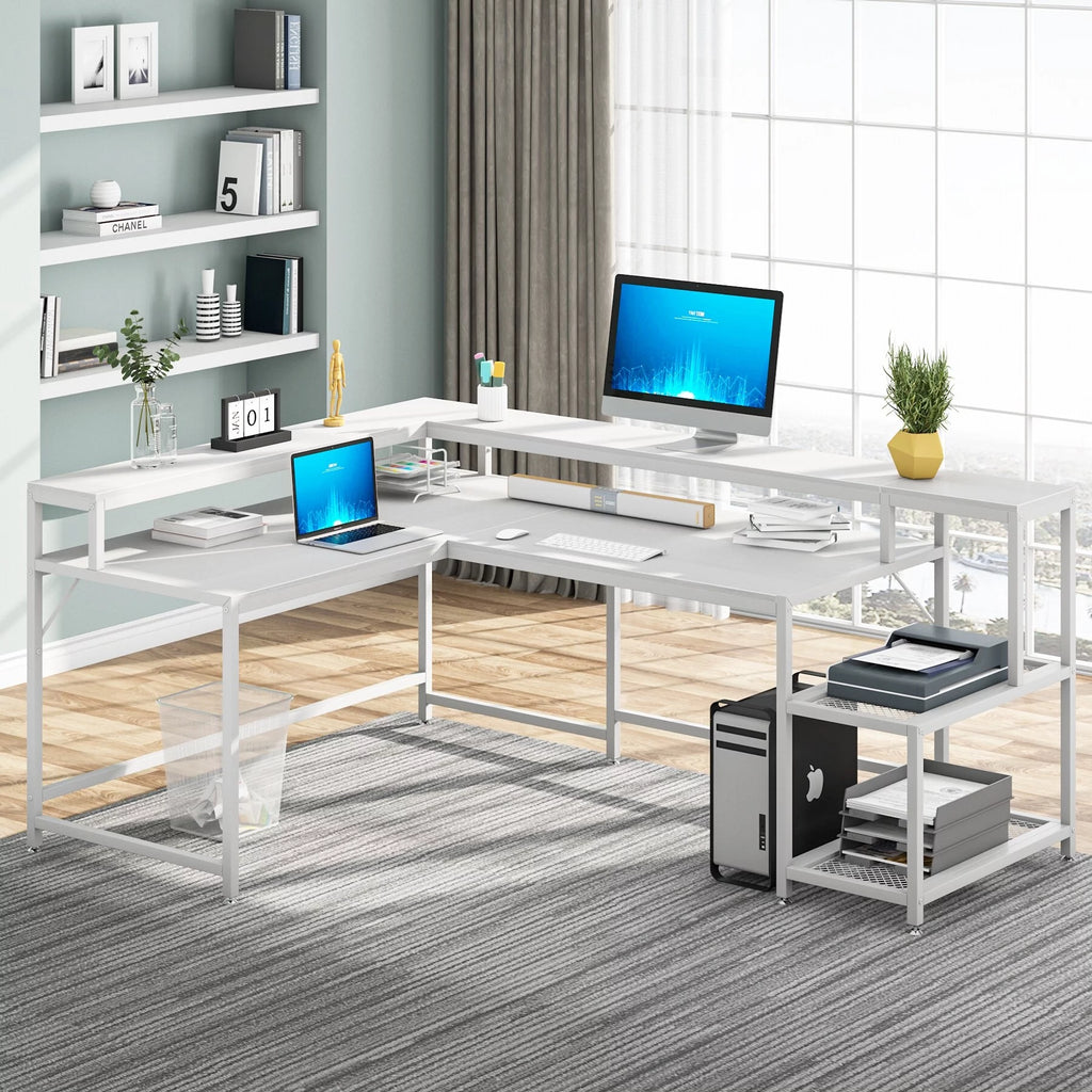 L Shaped Desk with Monitor Stand, 69 Inch White J2908