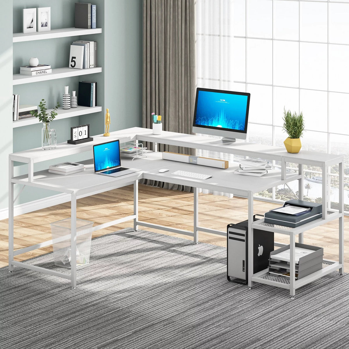 L Shaped Desk with Monitor Stand, 69 Inch White J2908