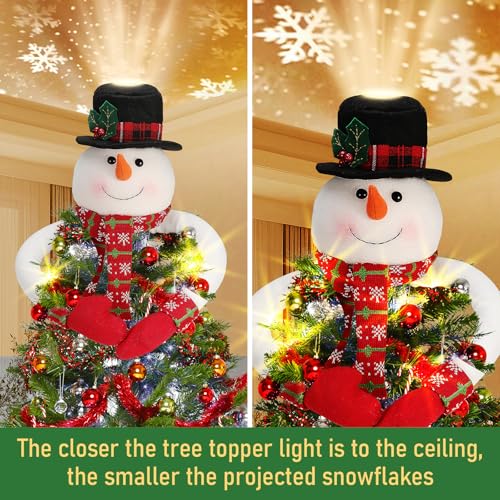 Lighted Snowman Hat Tree Topper with Rotating LED Snowflake Projection F5063