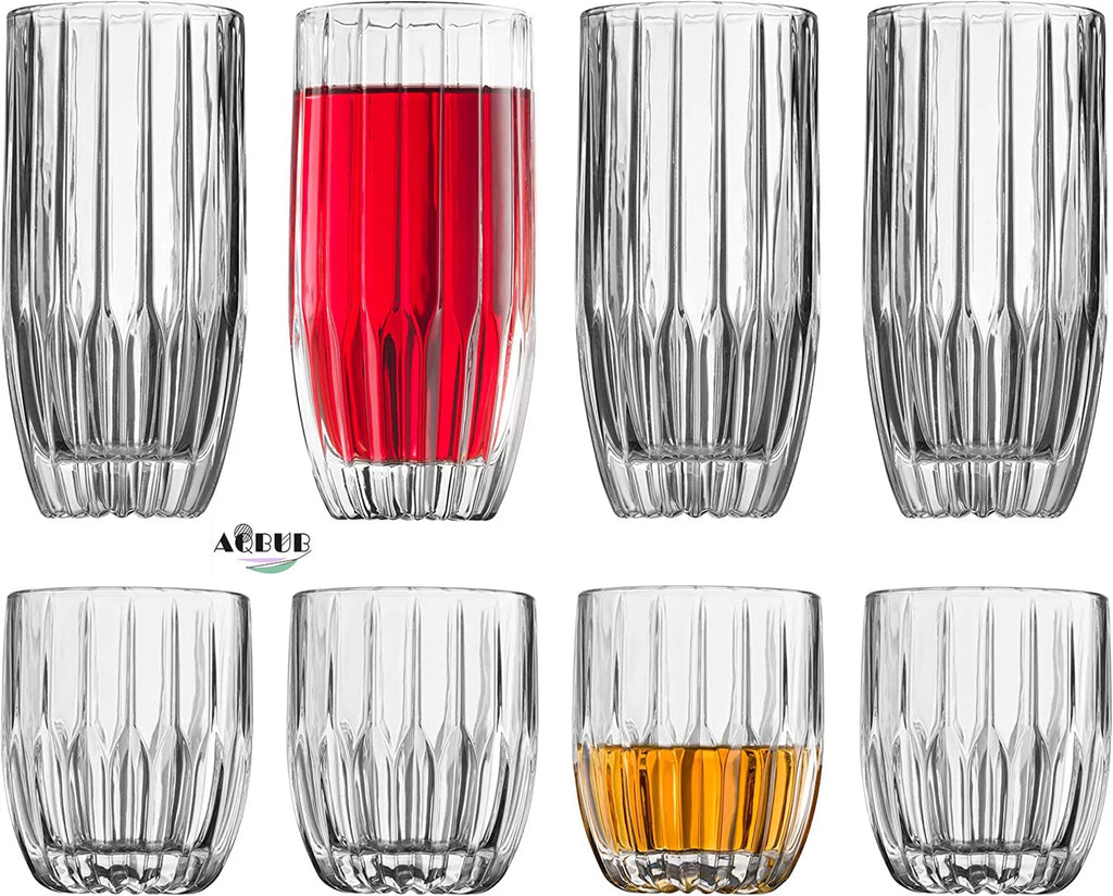 8 Crystal Glasses Set, 4 Tumblers 12 oz and 4 Whisky Glasses 10 oz A913