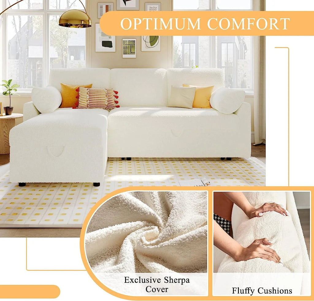 White Sherpa Storage Chaise Sleeper Sofa Q976782