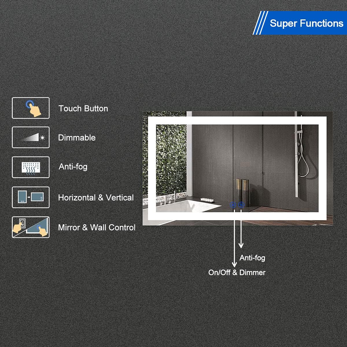 60 x 36 Inch Illuminated LED Bathroom Mirror with Smart Button, Anti Fog, Dimmable, Bluetooth Speakers Q865317
