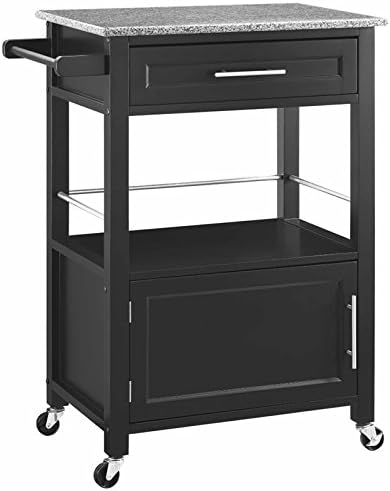 Pine Wood Granite Top Rolling Kitchen Island Cart in Black C71300