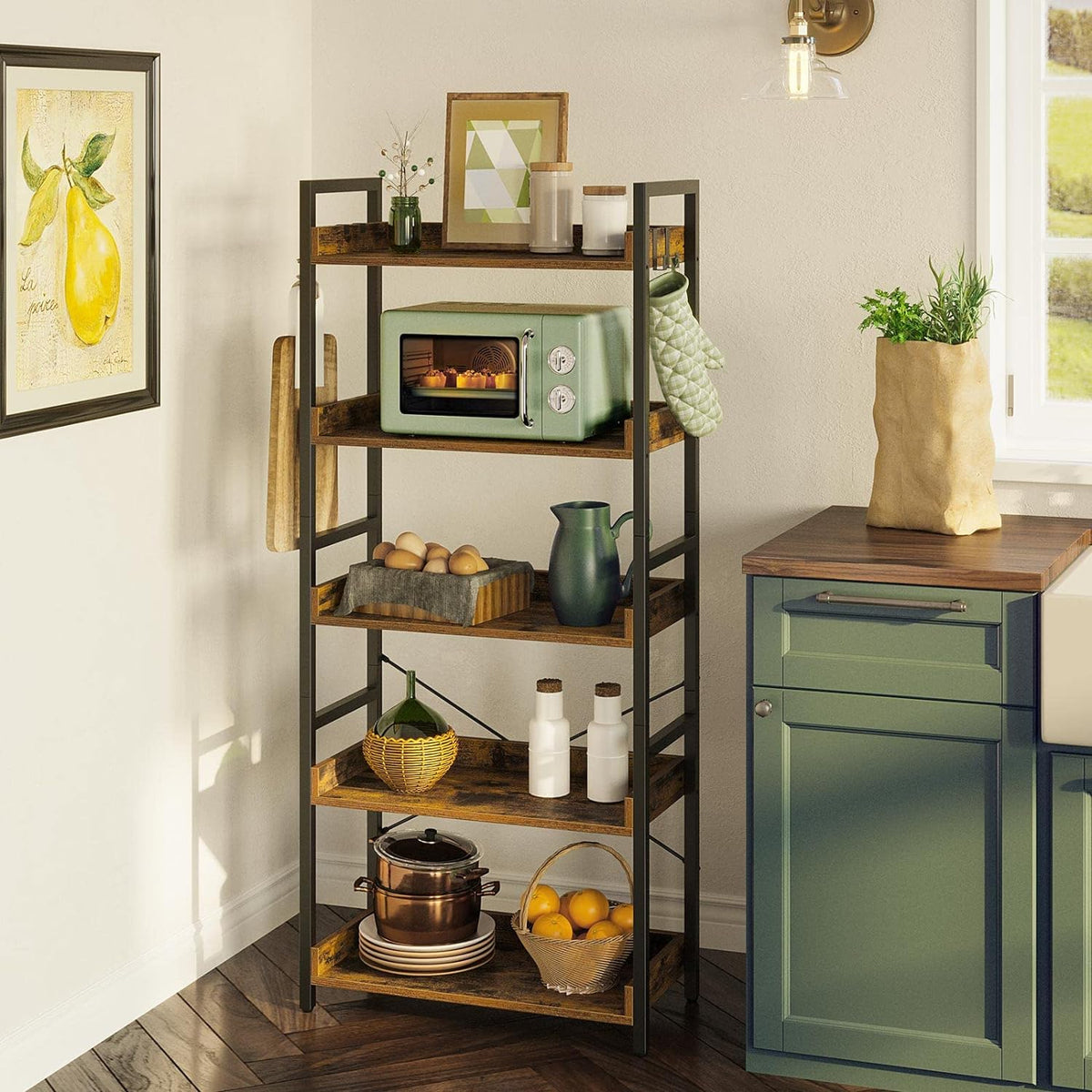 5 Tier Wood Bookshelf with 4 Hooks I763341