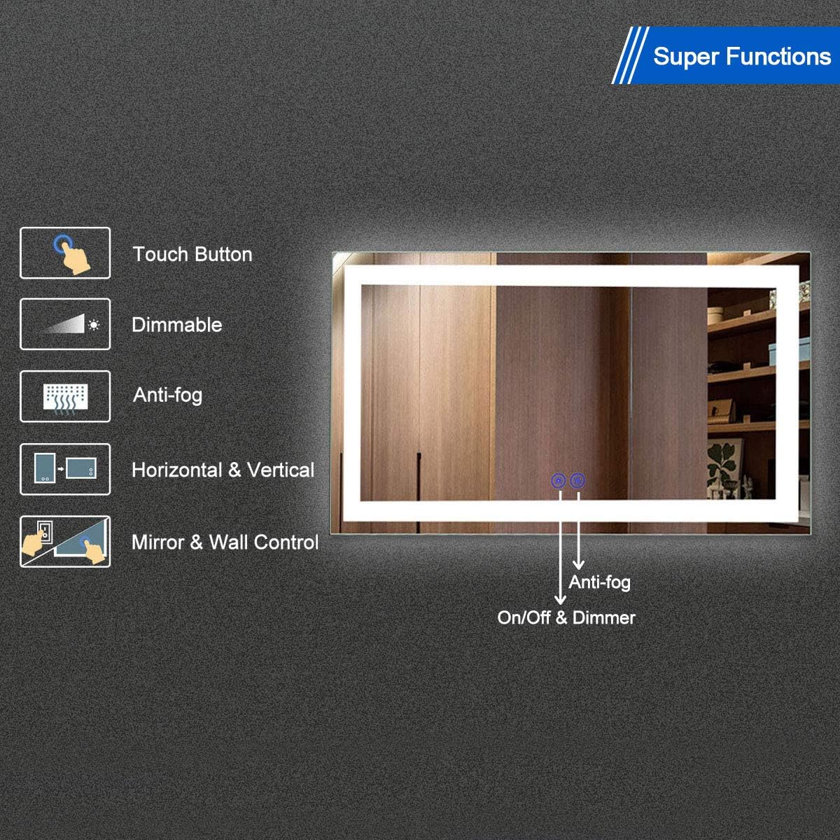 60 x 36 Inch Illuminated LED Bathroom Mirror with Smart Button, Anti Fog, Dimmable, Bluetooth Speakers Q865317