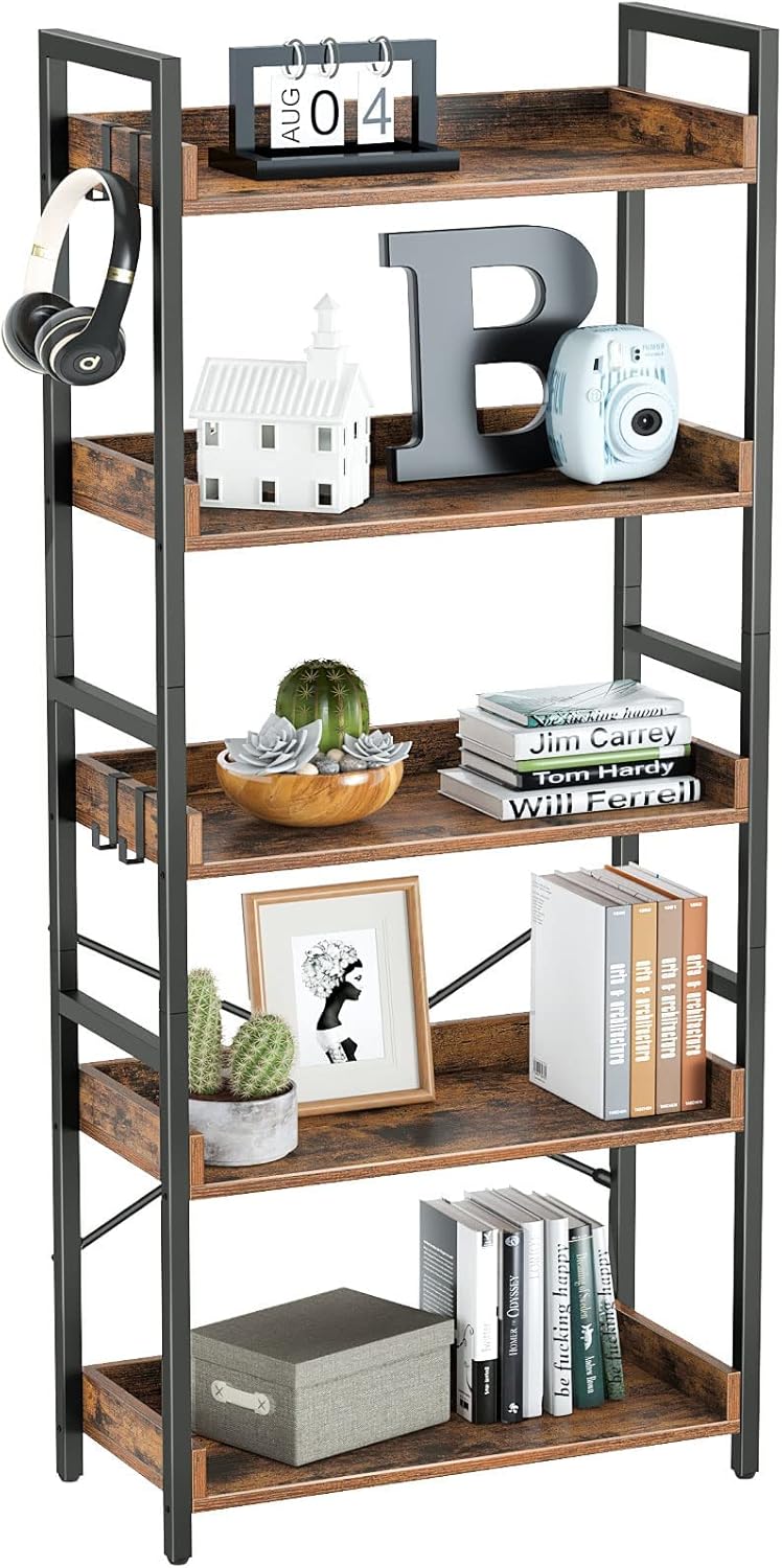 5 Tier Wood Bookshelf with 4 Hooks I763341