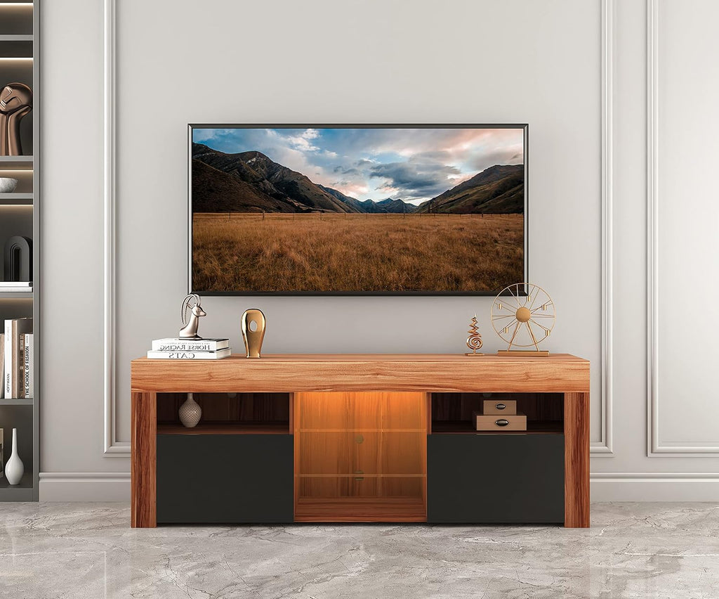 White and Black TV Stand with LED Lights and Storage Cabinet Y344