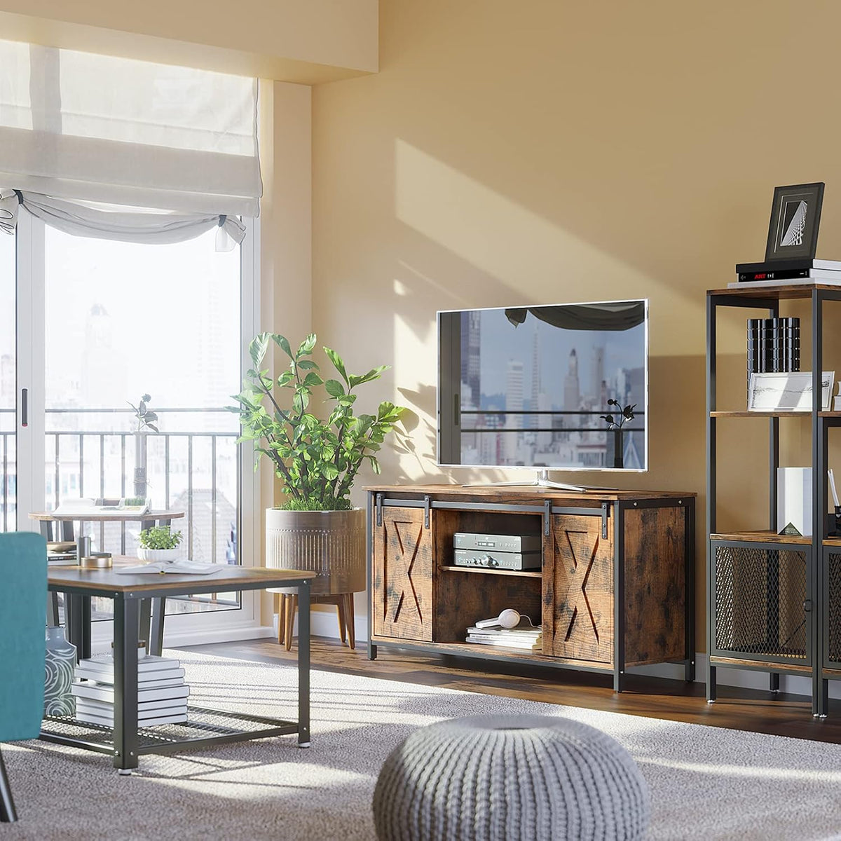 Rustic Brown TV Stand with Sliding Barn Doors Y261