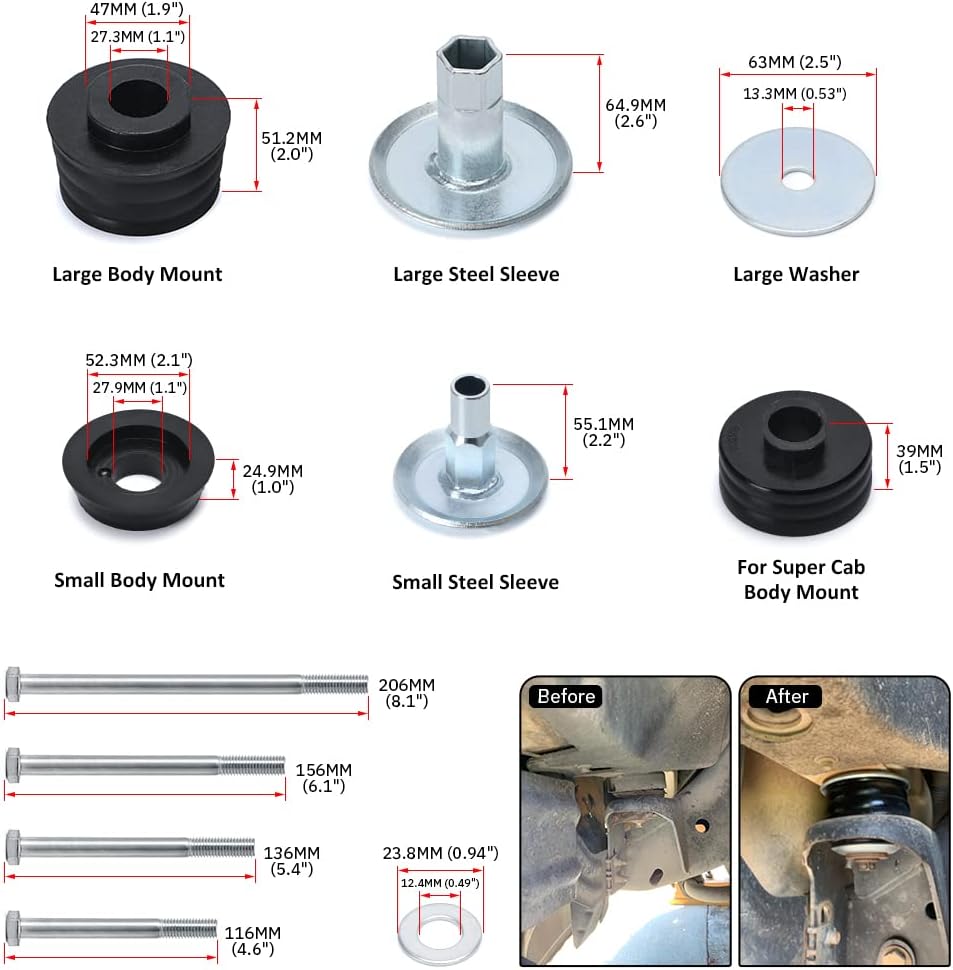 Polyurethane Cab & Body Mount Bushing Kit with Steel Sleeves & Hardware H6487
