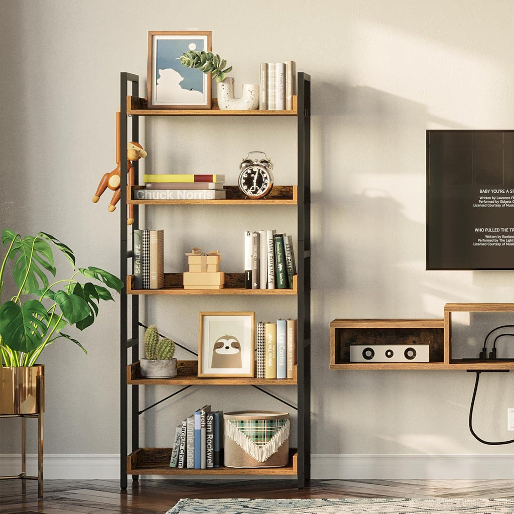5 Tier Wood Bookshelf with 4 Hooks I763341