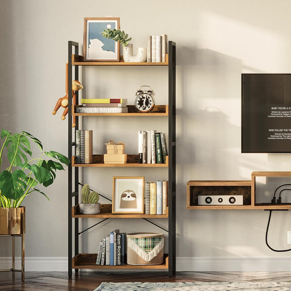 5 Tier Wood Bookshelf with 4 Hooks I763341