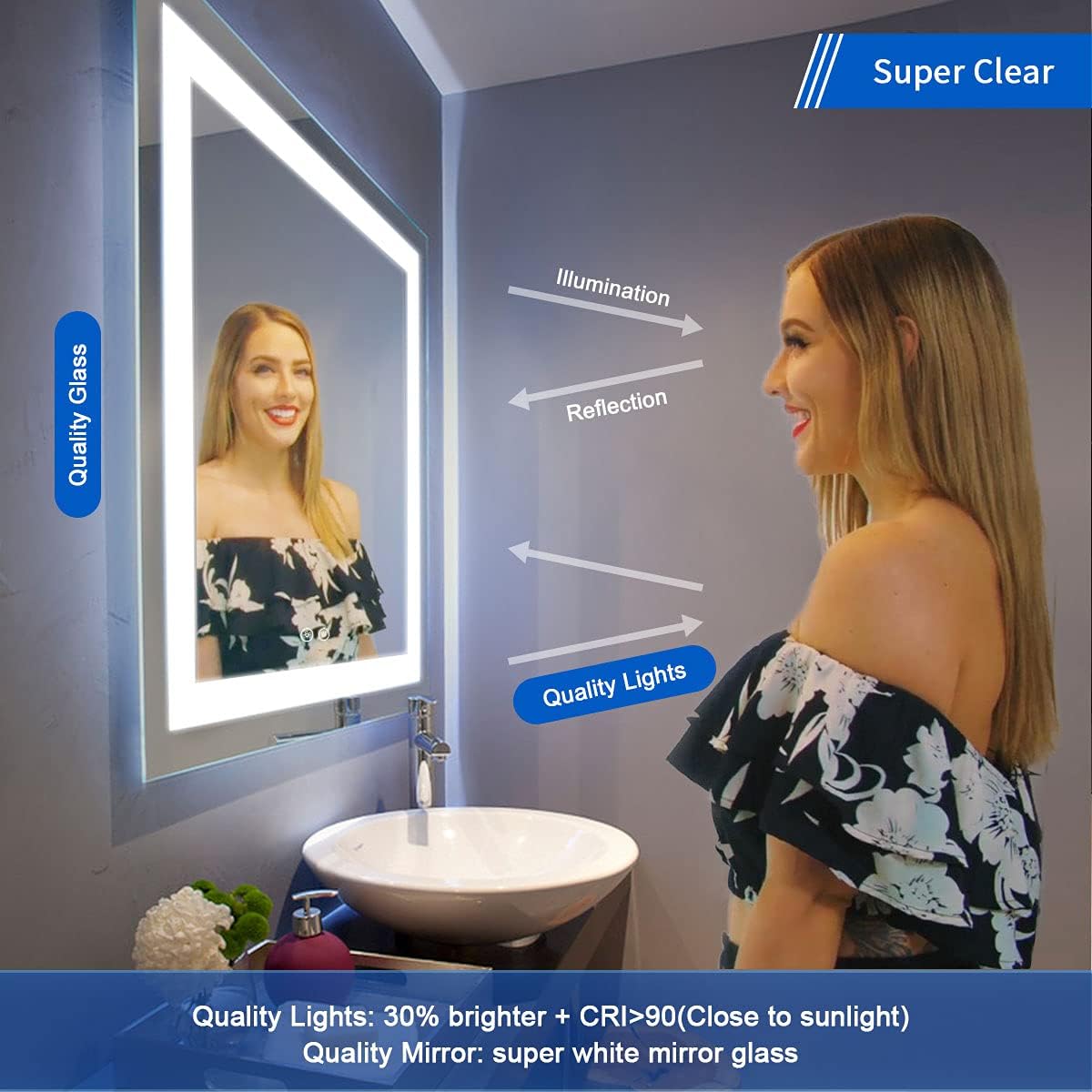 60 x 36 Inch Illuminated LED Bathroom Mirror with Smart Button, Anti Fog, Dimmable, Bluetooth Speakers Q865317
