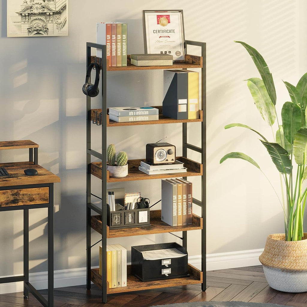 5 Tier Wood Bookshelf with 4 Hooks I763341