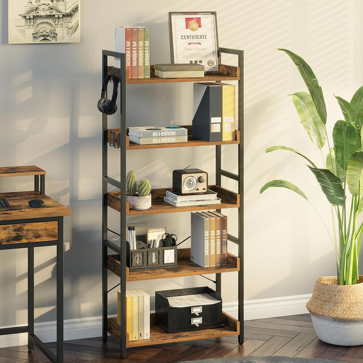5 Tier Wood Bookshelf with 4 Hooks I763341