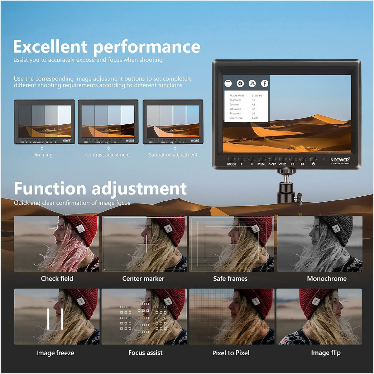 7inch Camera Field Monitor HD IPS 1280x800 4K HDMI with Sunshade and Ball Head B368