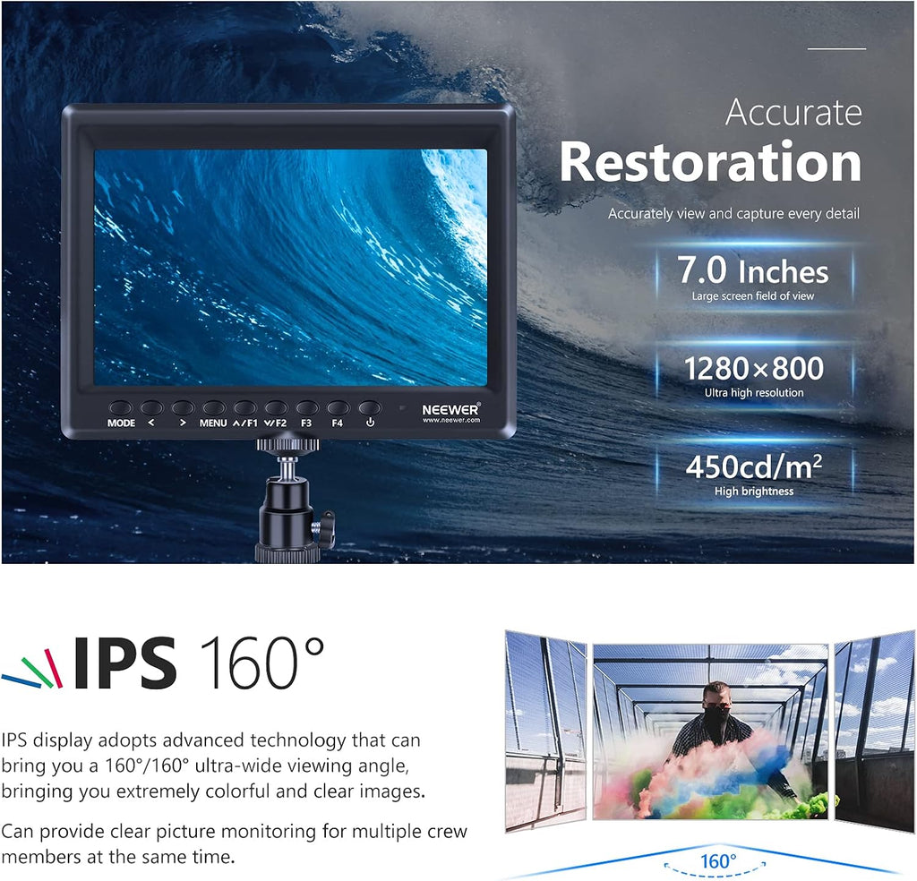 7inch Camera Field Monitor HD IPS 1280x800 4K HDMI with Sunshade and Ball Head B368