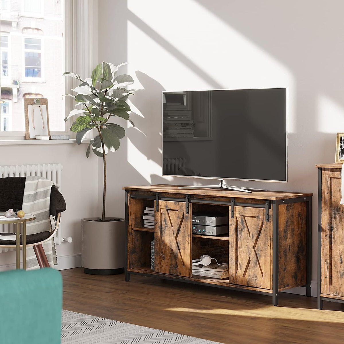 Rustic Brown TV Stand with Sliding Barn Doors Y261