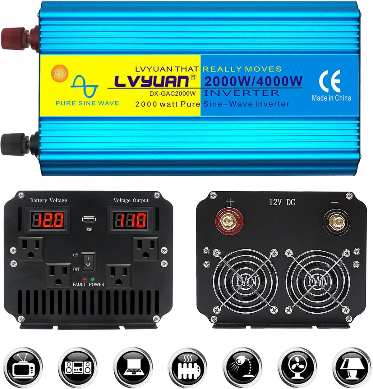 2500W Pure Sine Wave Power Inverter 12V to 110V AC with 4 Outlets 1 USB Port D25286