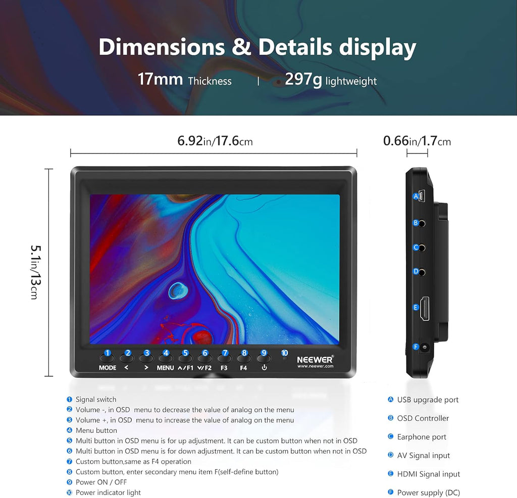 7inch Camera Field Monitor HD IPS 1280x800 4K HDMI with Sunshade and Ball Head B368