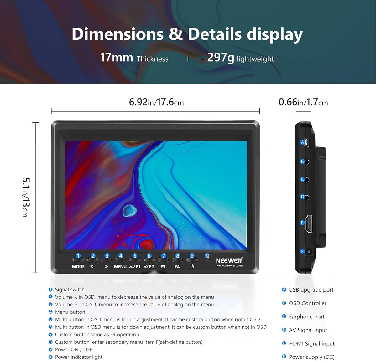 7inch Camera Field Monitor HD IPS 1280x800 4K HDMI with Sunshade and Ball Head B368