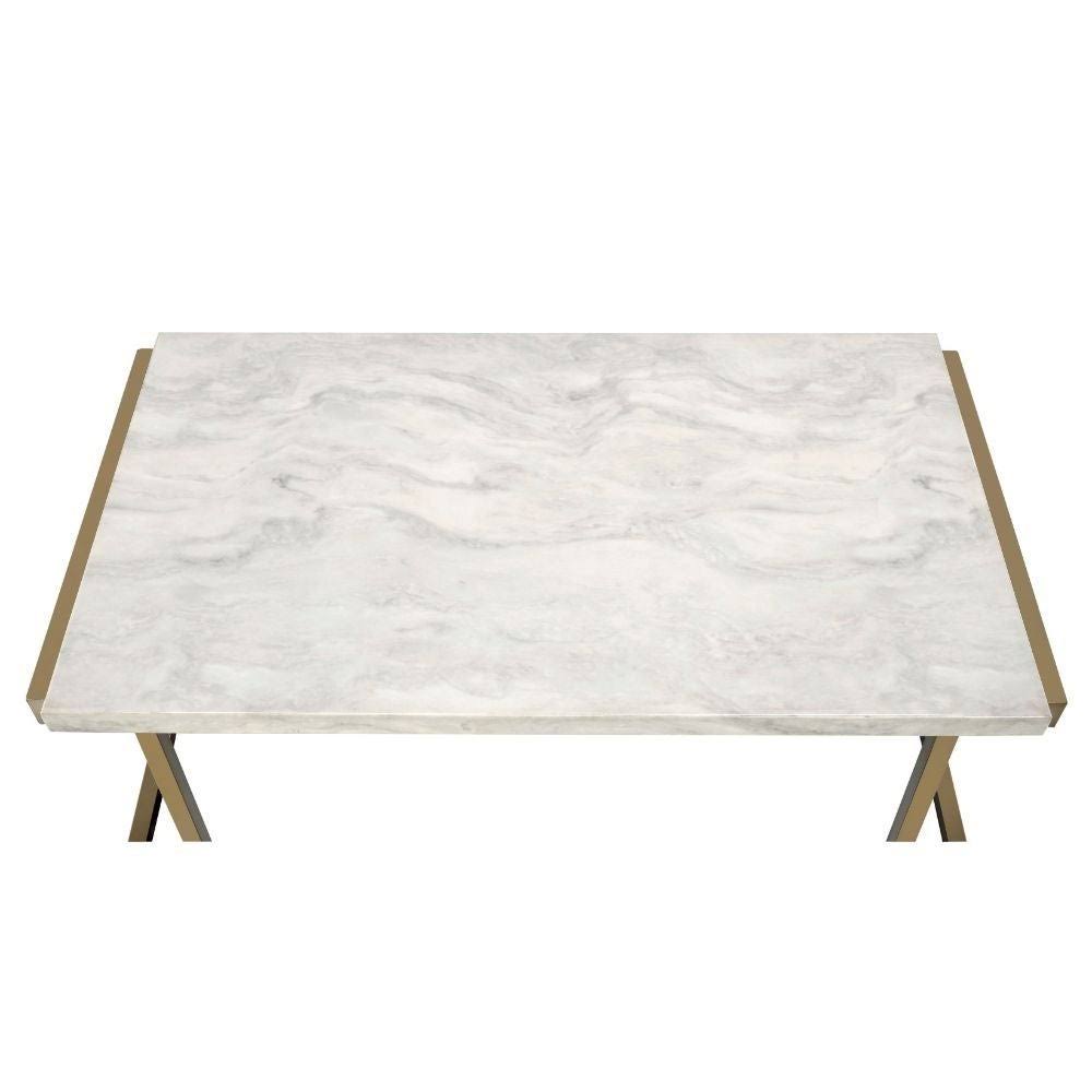 Faux Marble Top Champagne Finish Metal Base Console Table W8144