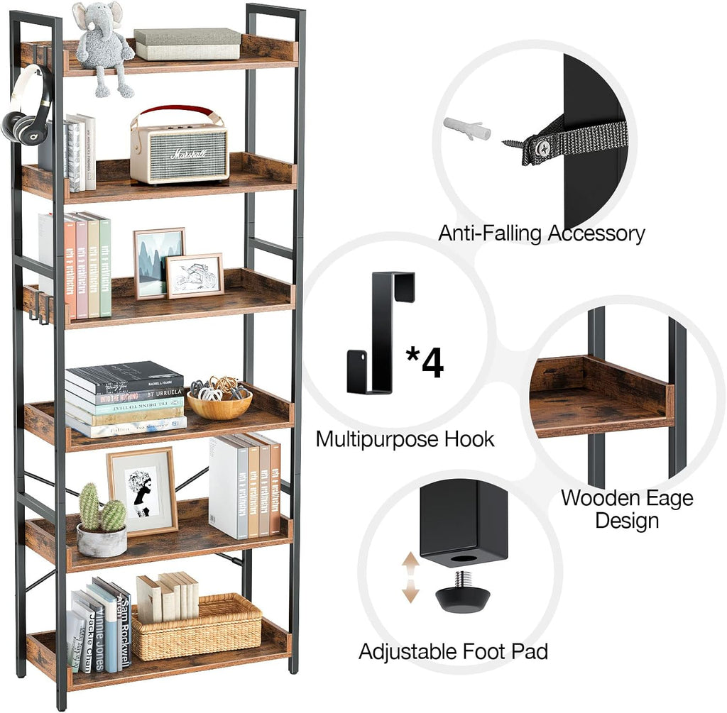 5 Tier Wood Bookshelf with 4 Hooks I763341