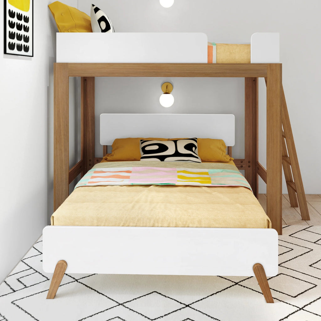 Twin over Full L-Shaped Bunk Bed White Pecan Solid Wood D121