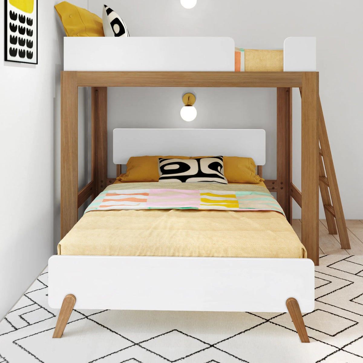 Twin over Full L-Shaped Bunk Bed White Pecan Solid Wood D121