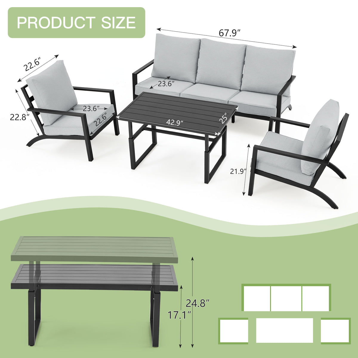 Aluminum Patio Furniture Set with Grey Cushions X6273