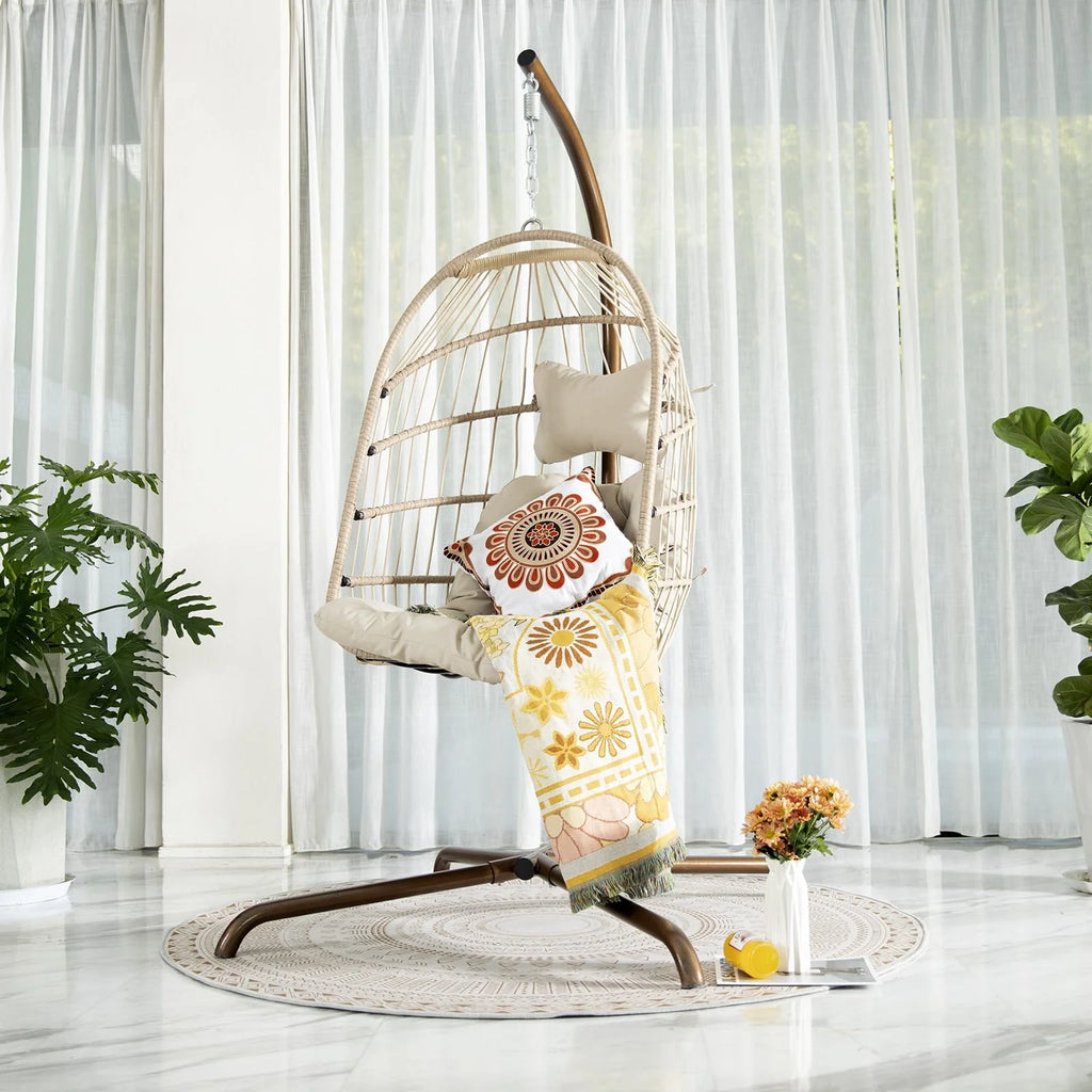 Rattan Swing Egg Chair with Stand Grey 350 lbs B571748
