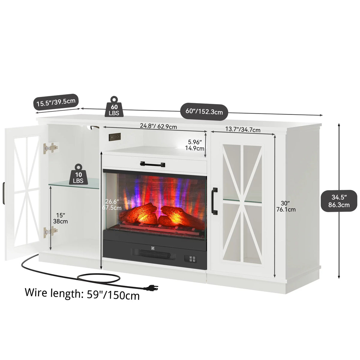 60 Inch White Entertainment Console with Slidable Fireplace and Storage Compartments A5765