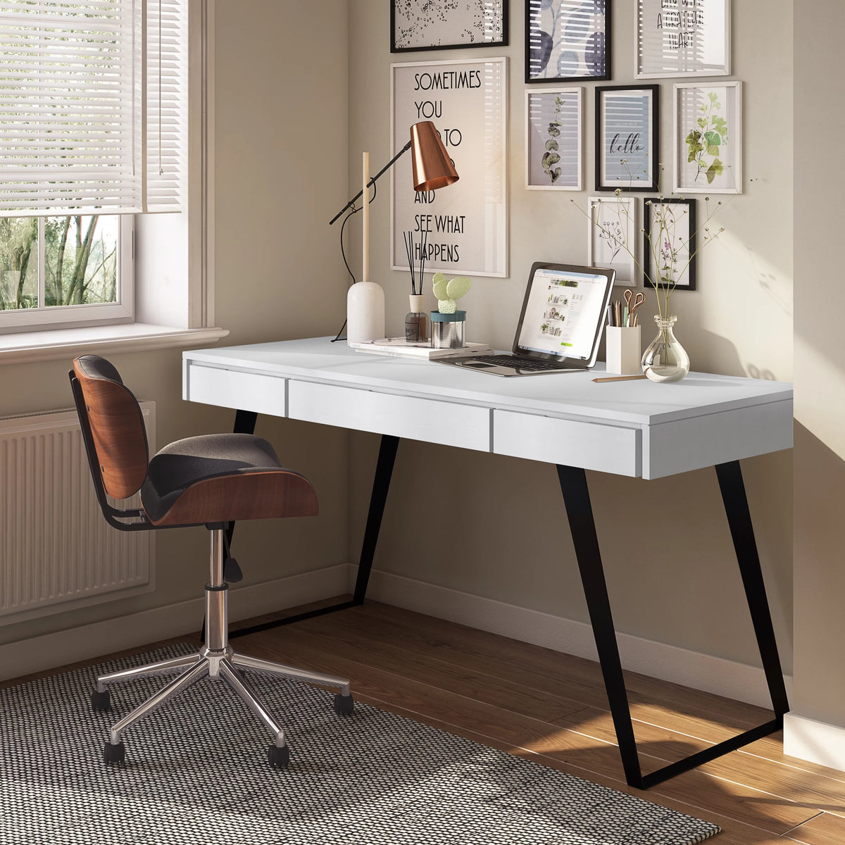 Distressed White Wood Desk with Keyboard Tray L828