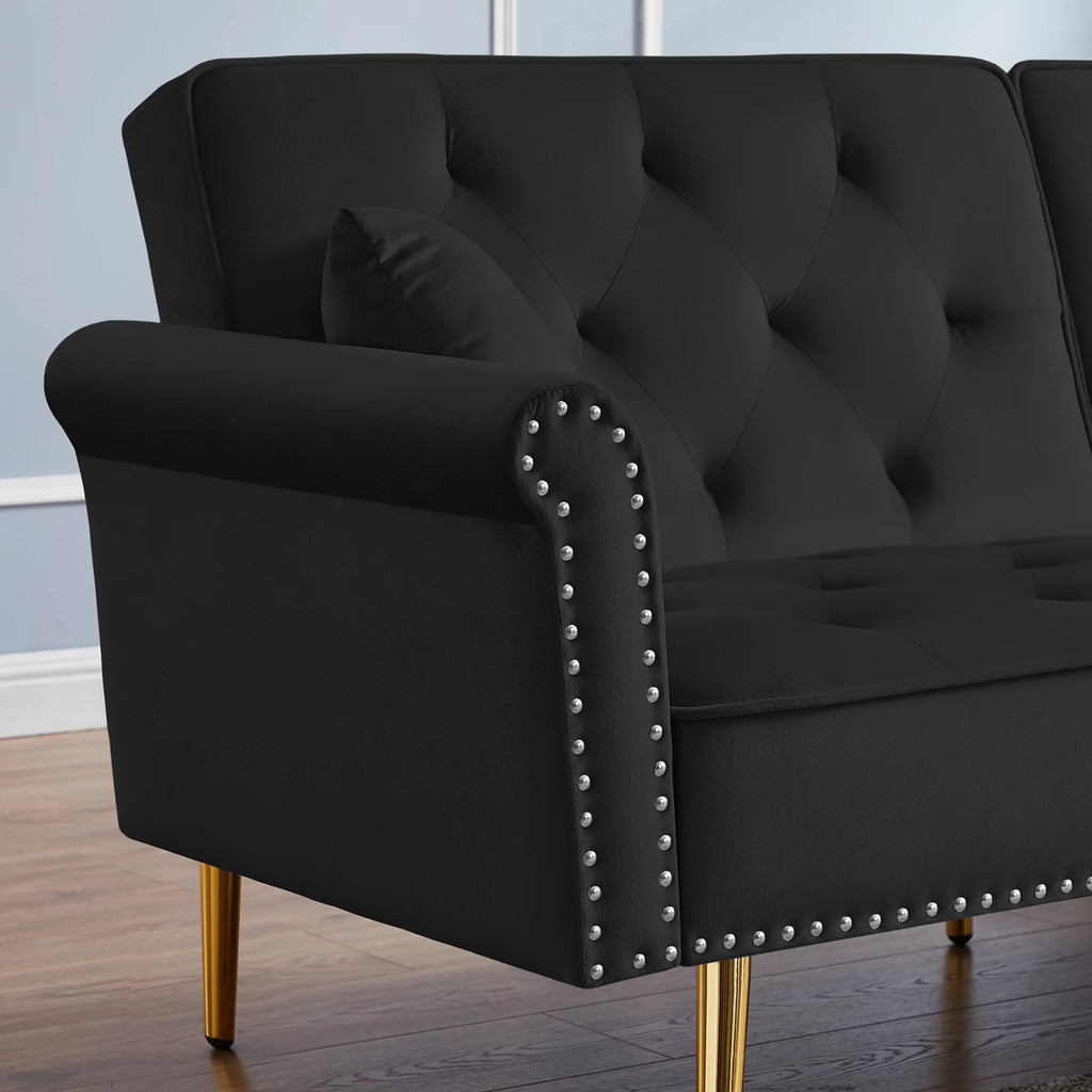 Black Velvet Tufted Futon Sofa Bed O5548