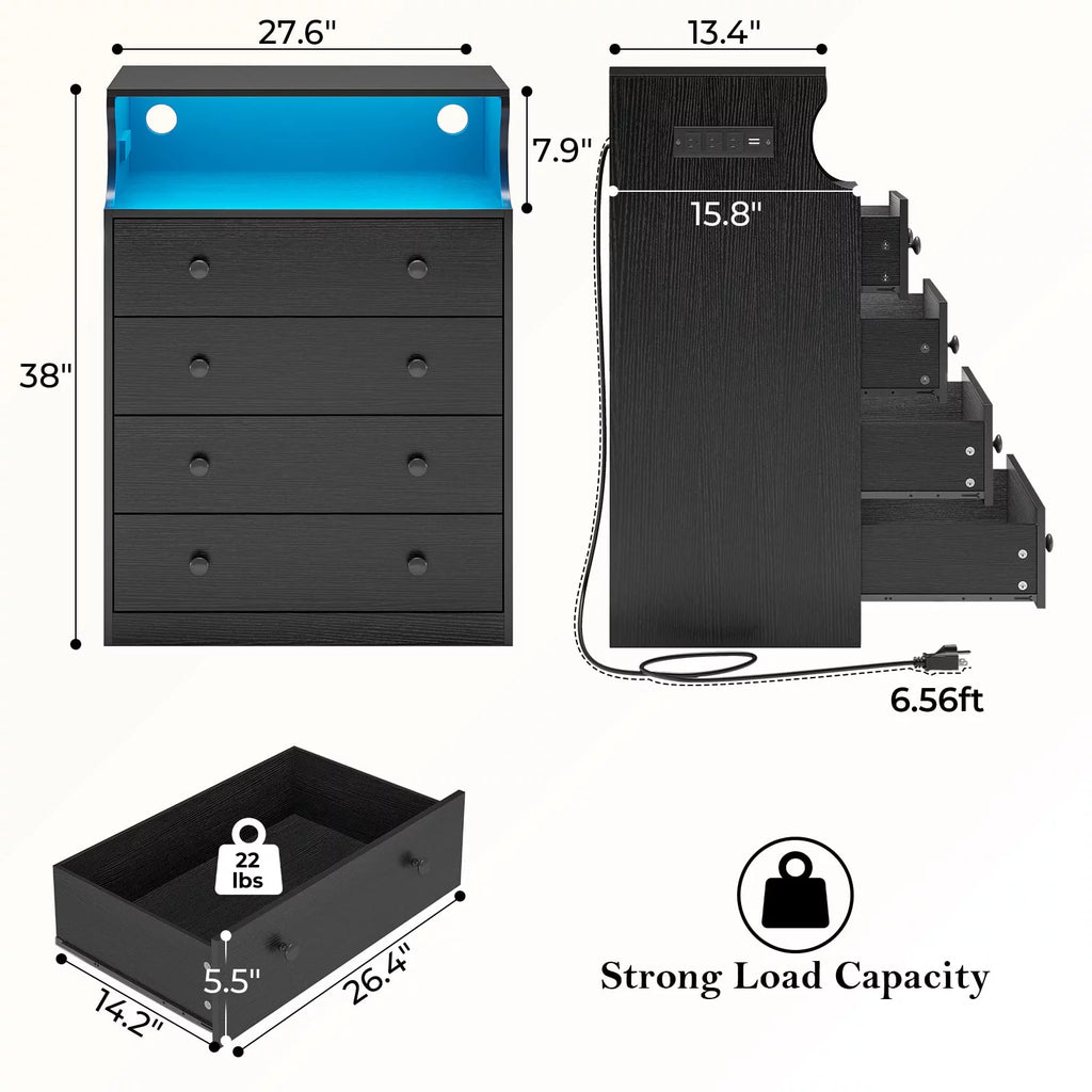 Black 4 Drawer Dresser with Charging Station H663