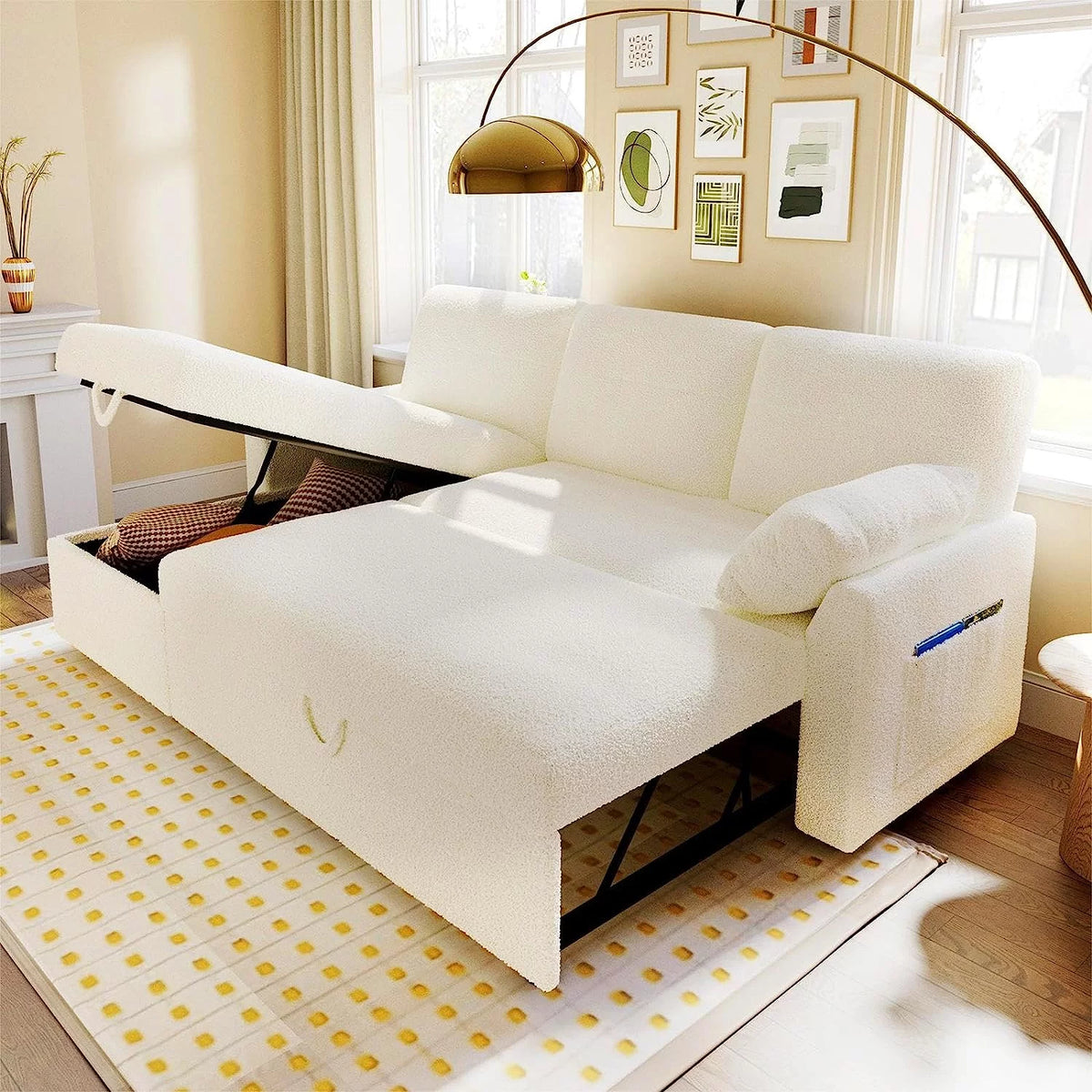 White Sherpa Storage Chaise Sleeper Sofa Q976782