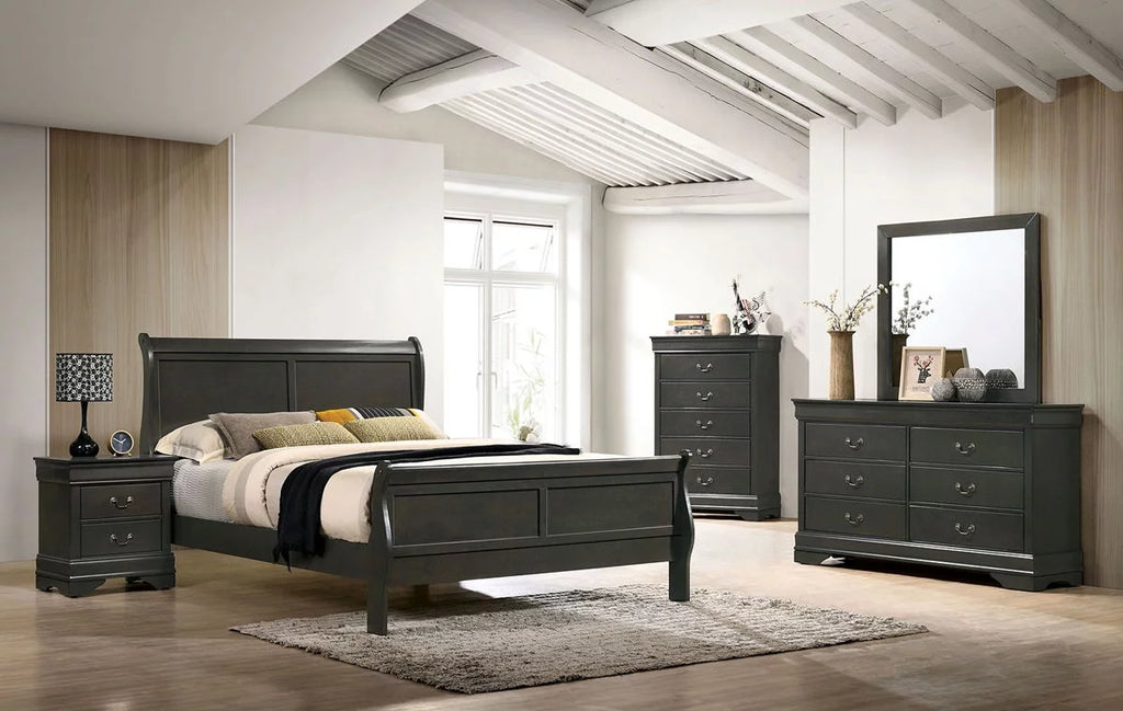 Gray Solid Wood 6pcs Bedroom Furniture Set Eastern King Size Bed Dresser Mirror Nightstands Chest X3262