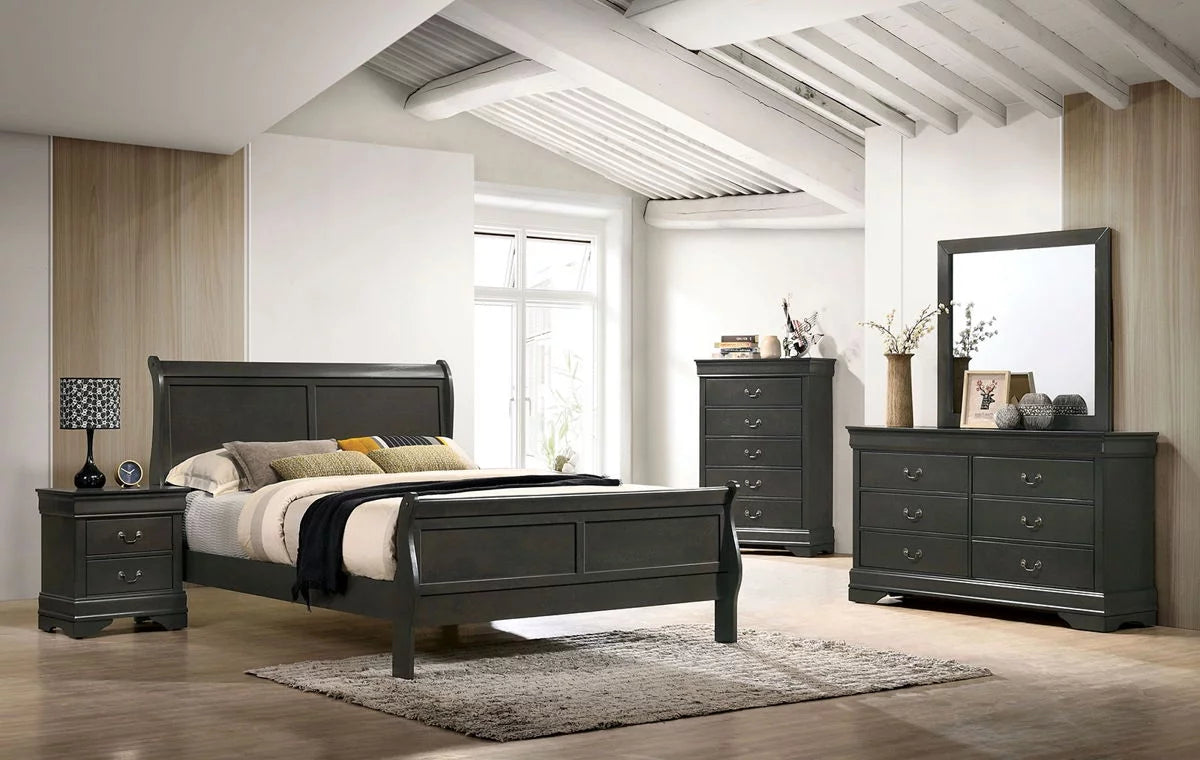 Gray Solid Wood 6pcs Bedroom Furniture Set Eastern King Size Bed Dresser Mirror Nightstands Chest X3262
