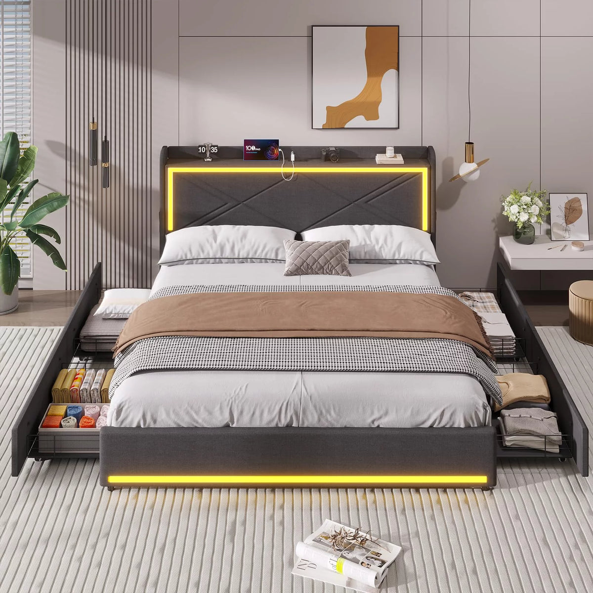 Dark Gray Queen Size Upholstered Platform Bed with Storage Drawers Q702