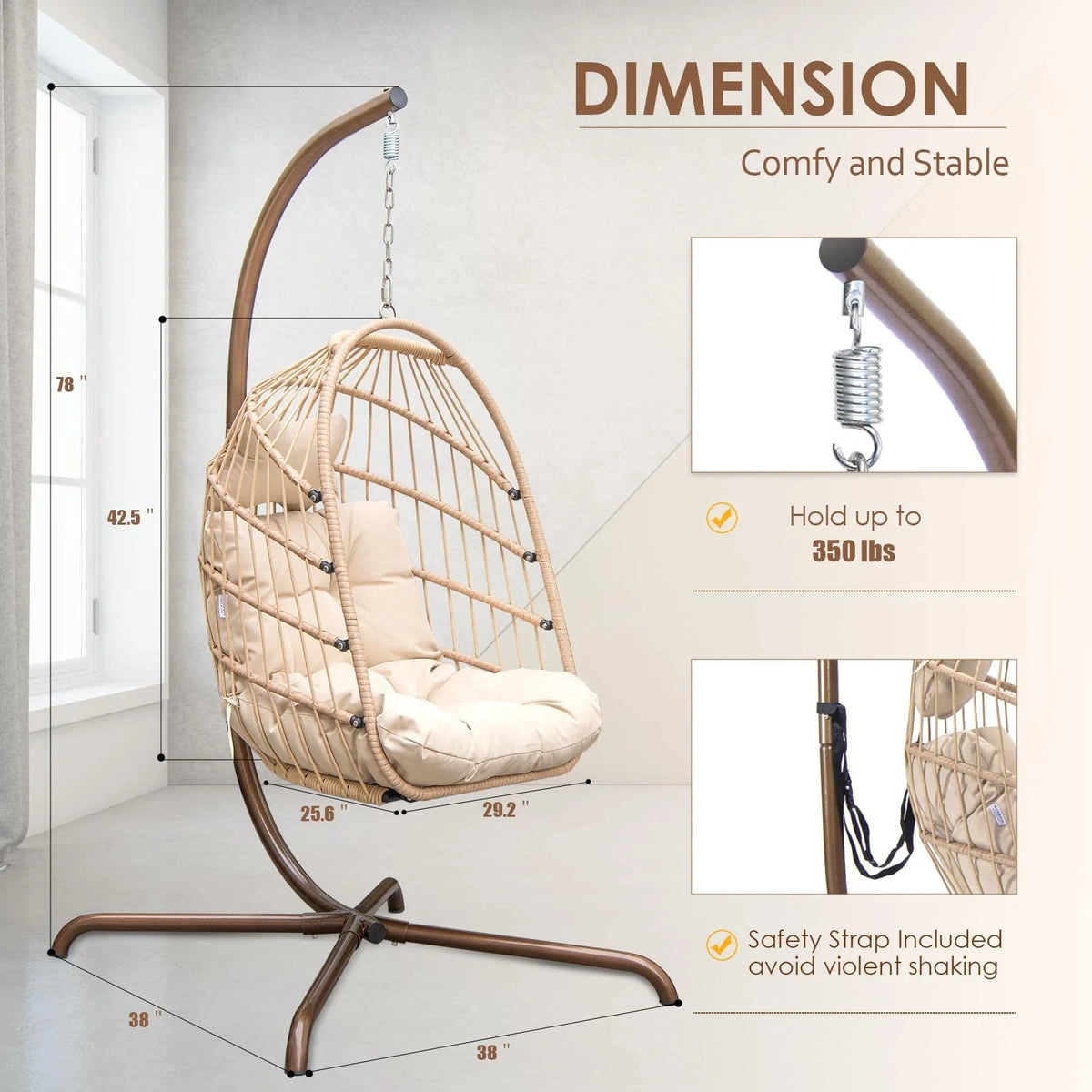 Rattan Swing Egg Chair with Stand Grey 350 lbs B571748