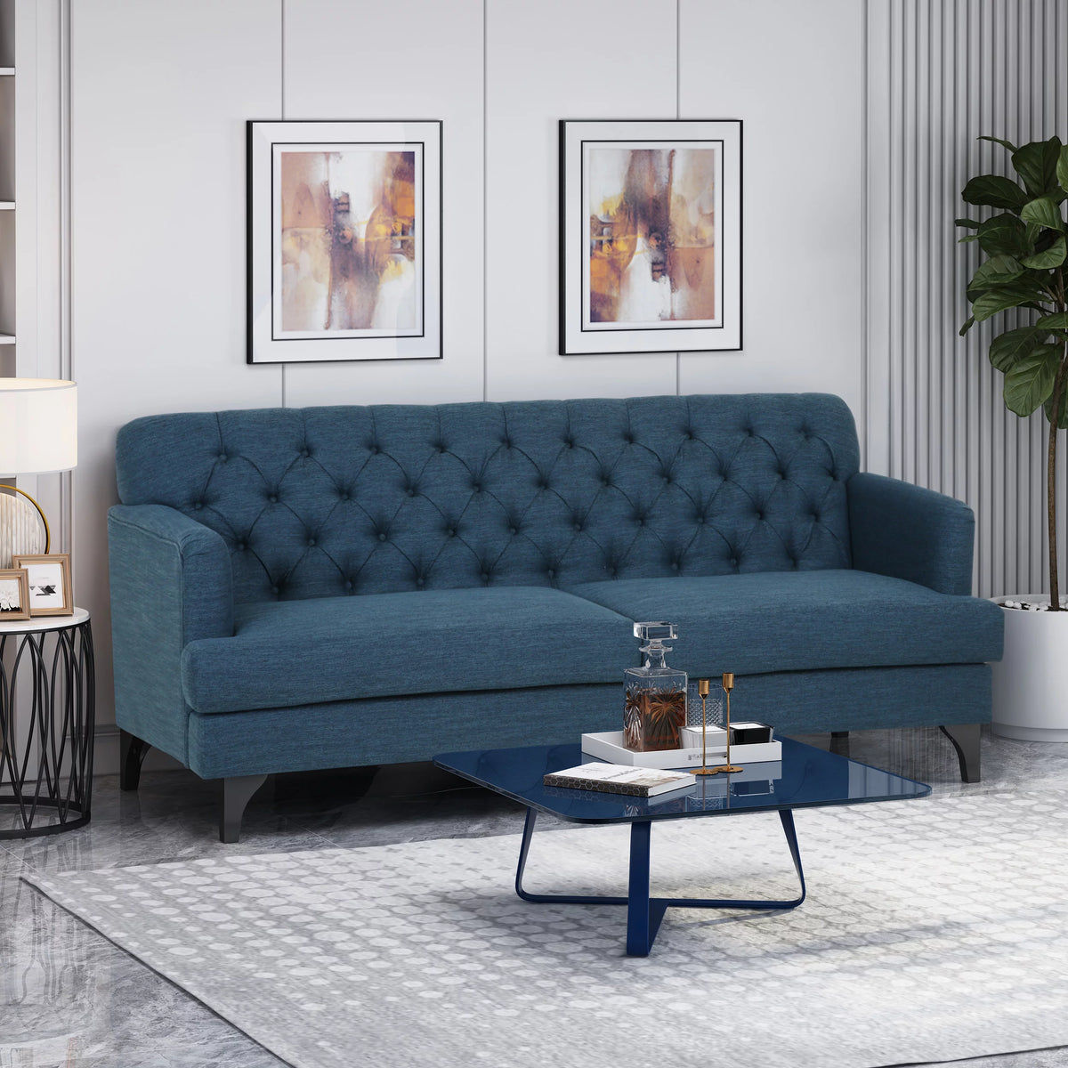 Navy Blue Upholstered Fabric 3 Seater Sofa P866542