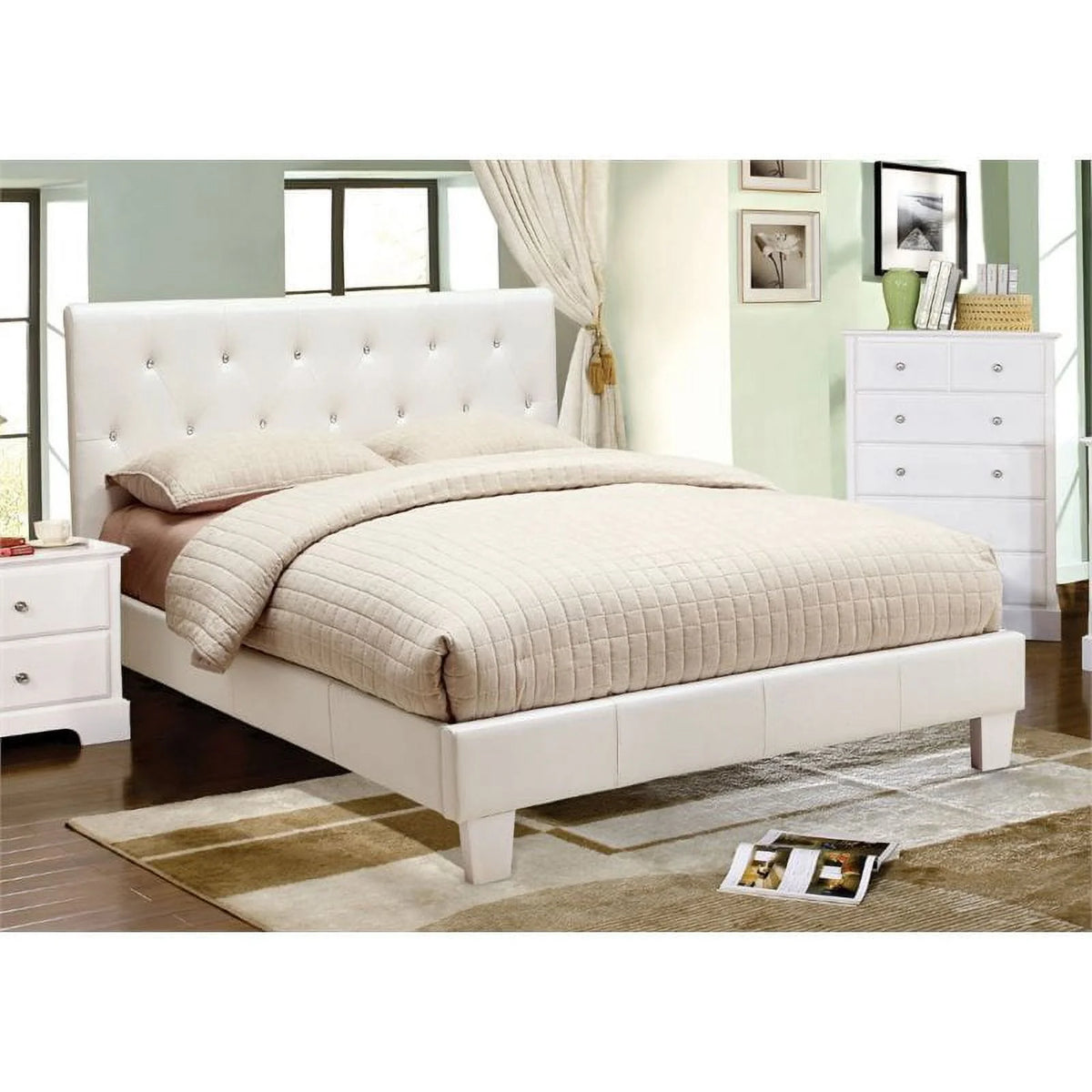 White Faux Leather Queen Platform Bed V166