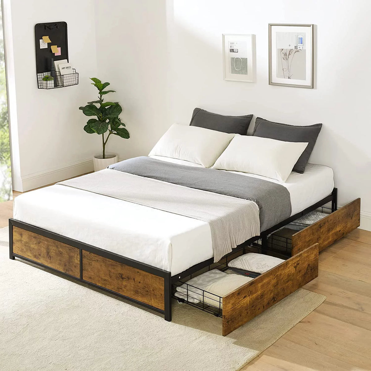 King Metal Platform Bed Frame with 4 Storage Drawers P788
