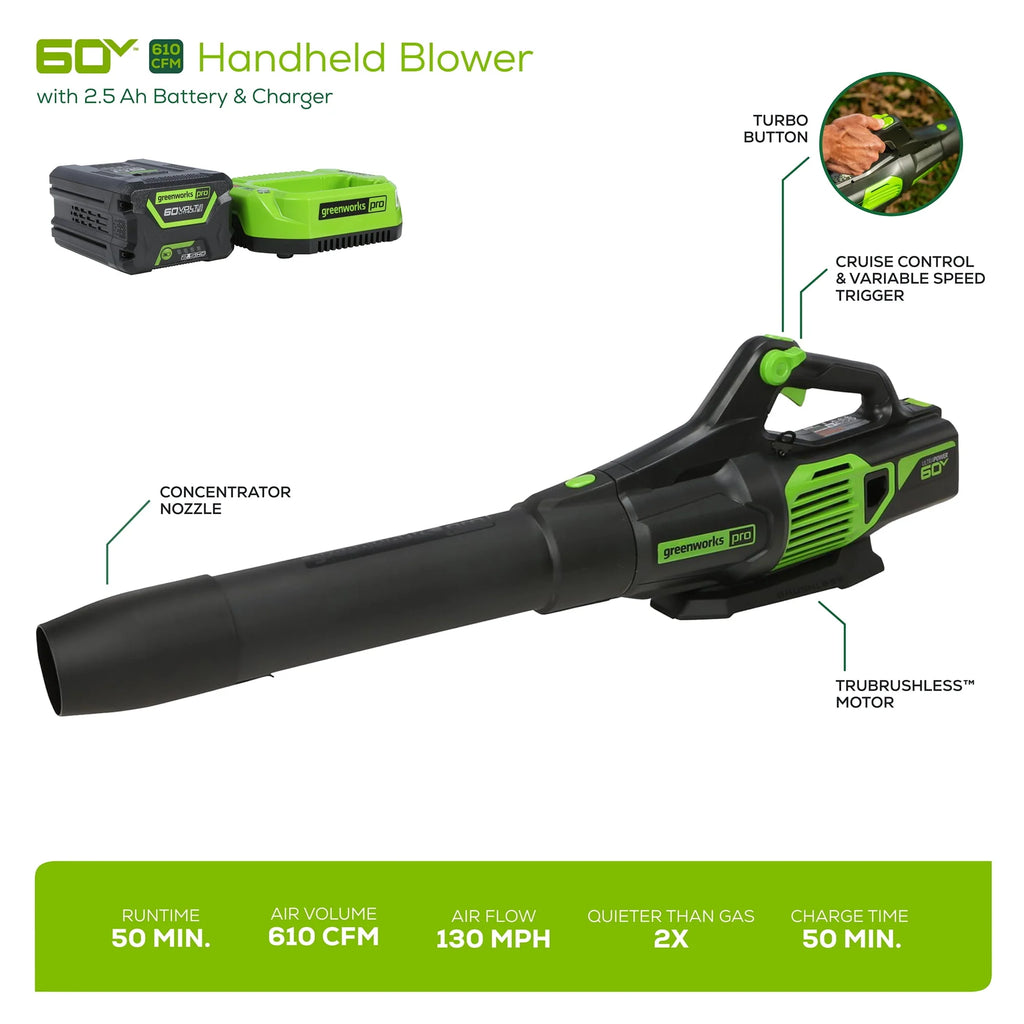 60V 610 CFM Cordless Brushless Leaf Blower with 2.5Ah Battery & Charger X902