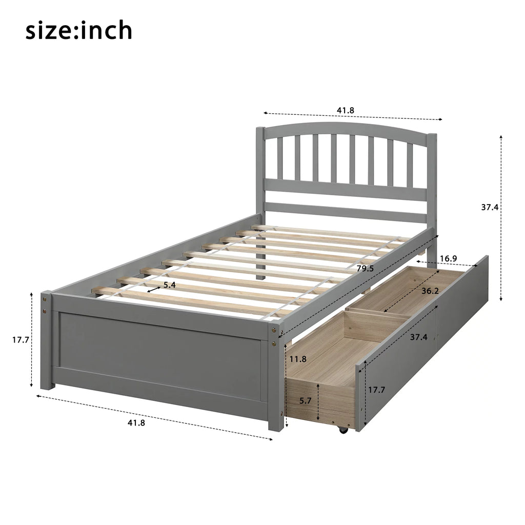 Grey Wood Twin Bed Frame with 2 Storage Drawers Y412627