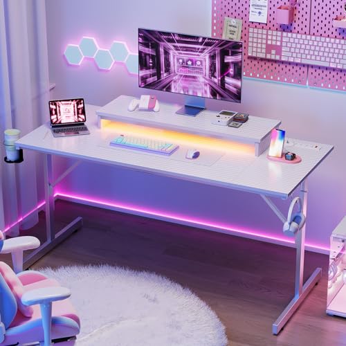 42 inch Black Marble Gaming Desk with LED Lights I299808