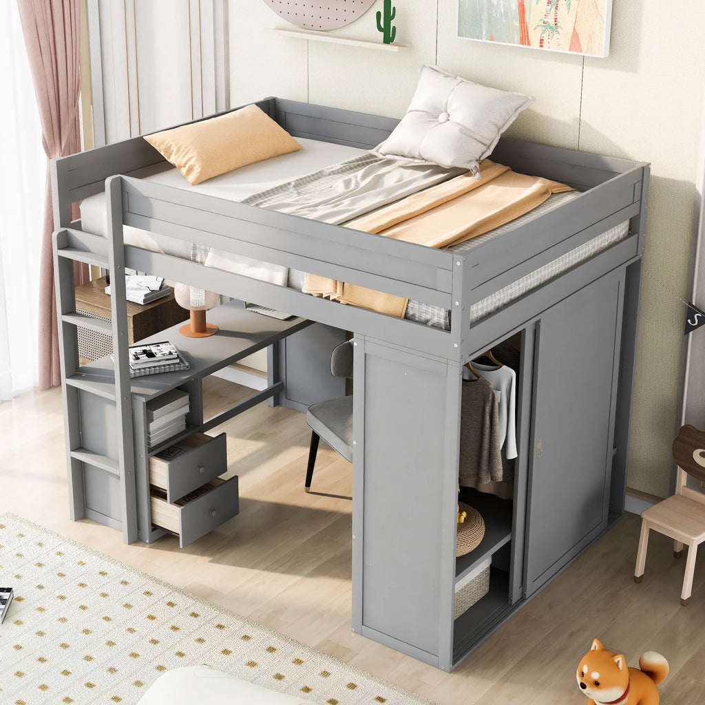 Wood Full Size Loft Bed with Wardrobes and 2-Drawer Desk with Cabinet Gray R759717