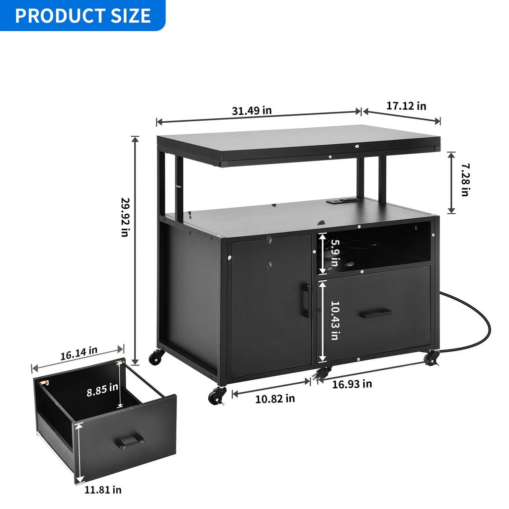 Wood File Cabinet with Charging Station and Printer Shelf O565