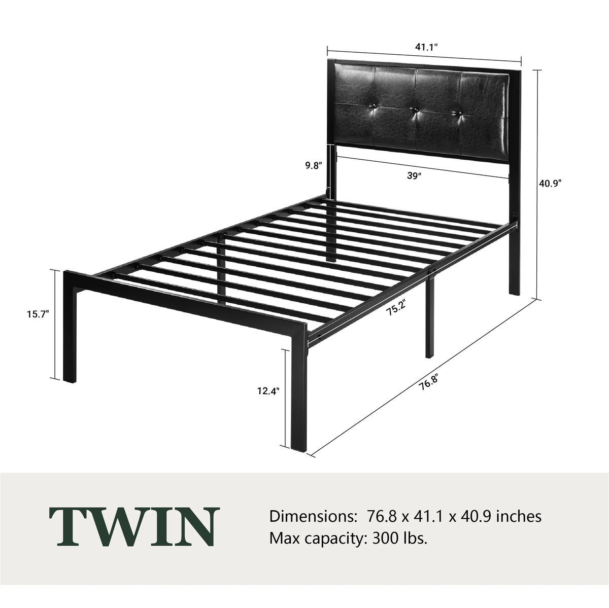 Twin Size Dark Grey Metal Platform Bed with Upholstered Headboard H718999