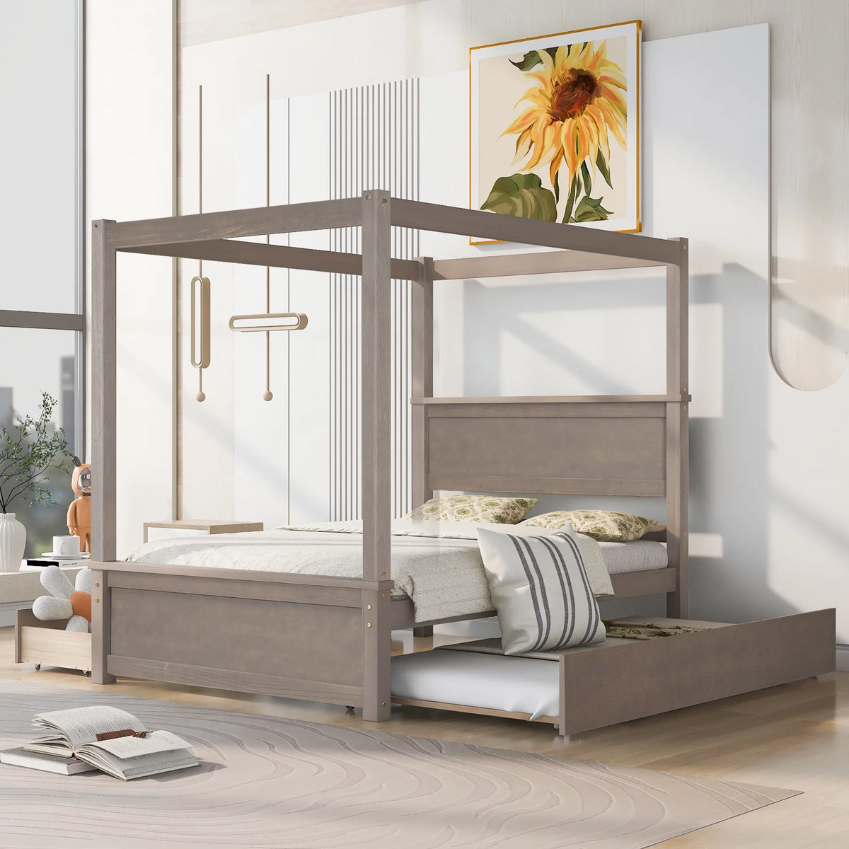 Full Size Canopy Platform Bed Frame with Trundle and Two Drawers V744