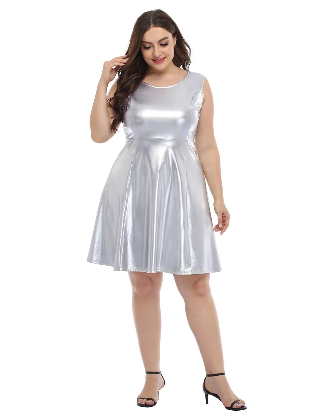 Shiny Metallic Sleeveless Skater Dress J4630